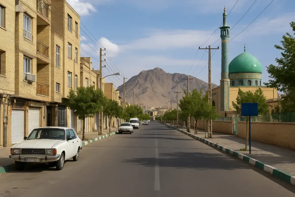 نمایی واقعی از خیابان اصلی محله زینبیه با ساختمان‌های آجری، درختان منظم در دو سوی خیابان، خودروهای پارک‌شده و گنبد سبز مسجد در سمت راست تصویر، با پس‌زمینه‌ای از کوه‌های خشک و آسمان آبی صاف.