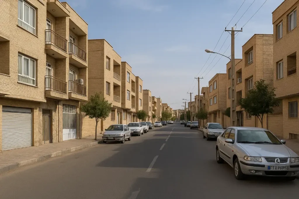 نمایی واقعی از خیابان اصلی محله دهقان با ساختمان‌های آجری چندطبقه، درختان کوچک در حاشیه پیاده‌رو، خودروهای پارک‌شده در دو طرف خیابان و آسمان صاف و آفتابی در پس‌زمینه.