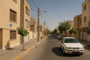 خیابانی آرام در محله صفا با ساختمان‌های آجری، درختان کوچک کنار پیاده‌رو و چند خودرو پارک‌شده در روزی آفتابی.