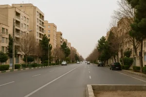نمایی از خیابانی آرام و تمیز در محله اشراقی، با ساختمان‌های مسکونی چندطبقه، درختان حاشیه خیابان و چند خودرو در حال حرکت در هوایی ابری.