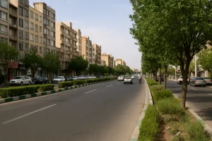 نمایی از خیابان اصلی محله نیروی هوایی تهران در یک روز آفتابی، با ساختمان‌های مسکونی منظم، درختان سبز در دو طرف خیابان و خودروهایی که در حال تردد هستند.