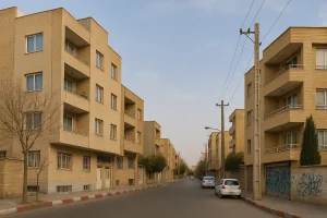 خیابان آرام و تمیزی در یک محله مسکونی ایران با ساختمان‌های آجری چهارطبقه به رنگ کرم، درختان خشک زمستانی، خودروهای پارک‌شده در حاشیه خیابان و آسمان آبی روشن در پس‌زمینه.