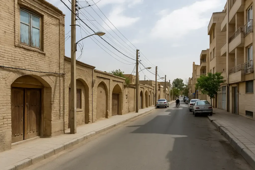 خیابانی در محله‌ای قدیمی با ساختمان‌های آجری سنتی در یک‌سو و ساختمان‌های مدرن در سوی دیگر، چند خودرو و دوچرخه‌سوار در مسیر دیده می‌شوند و آسمان نیمه‌ابری است.