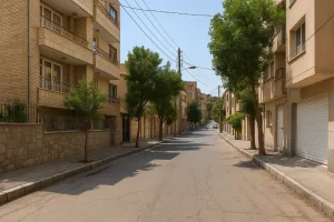 نمایی از یک خیابان آرام در محله‌ای مسکونی با ساختمان‌های آجری و درختان سبز در دو سوی مسیر، در روزی آفتابی.