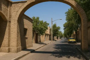 نمایی از خیابان آرام و آفتابی در محلهای قدیمی با ساختمانهای آجری، طاق خشتی، درختان سبز و چند خودرو پارکشده در کنار خیابان.
