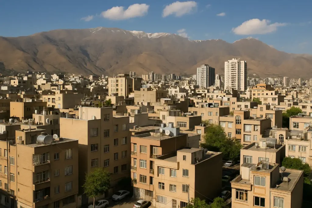 نمایی از محله‌ای مسکونی در تهران با ساختمان‌های آجری و برج‌های بلند در پس‌زمینه، در دامنه کوه‌های البرز و زیر آسمانی آبی و صاف.