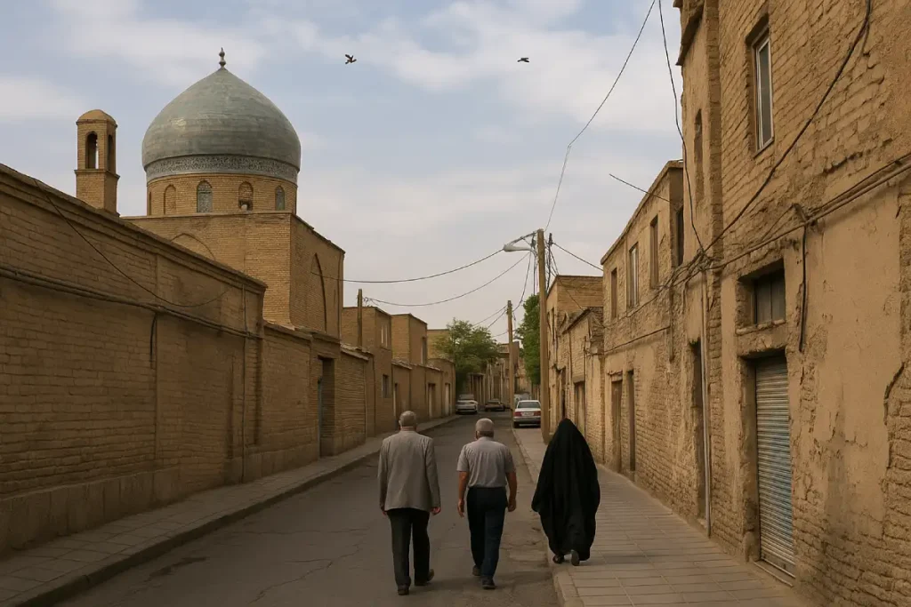 نمایی از یکی از کوچه‌های قدیمی محله سراسیاب دولاب در تهران، با ساختمان‌های آجری فرسوده، گنبد فیروزه‌ای مسجد در پس‌زمینه، سیم‌های برق بالای خیابان و چند رهگذر که در پیاده‌رو قدم می‌زنند.
