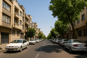 «نمایی از یک خیابان آرام و پهن با ساختمانهای چندطبقه آجری در دو طرف و ردیفی از خودروهای پارکشده، در روزی آفتابی با آسمان صاف و درختان سبز که سایه بر پیادهرو و خیابان انداختهاند.»