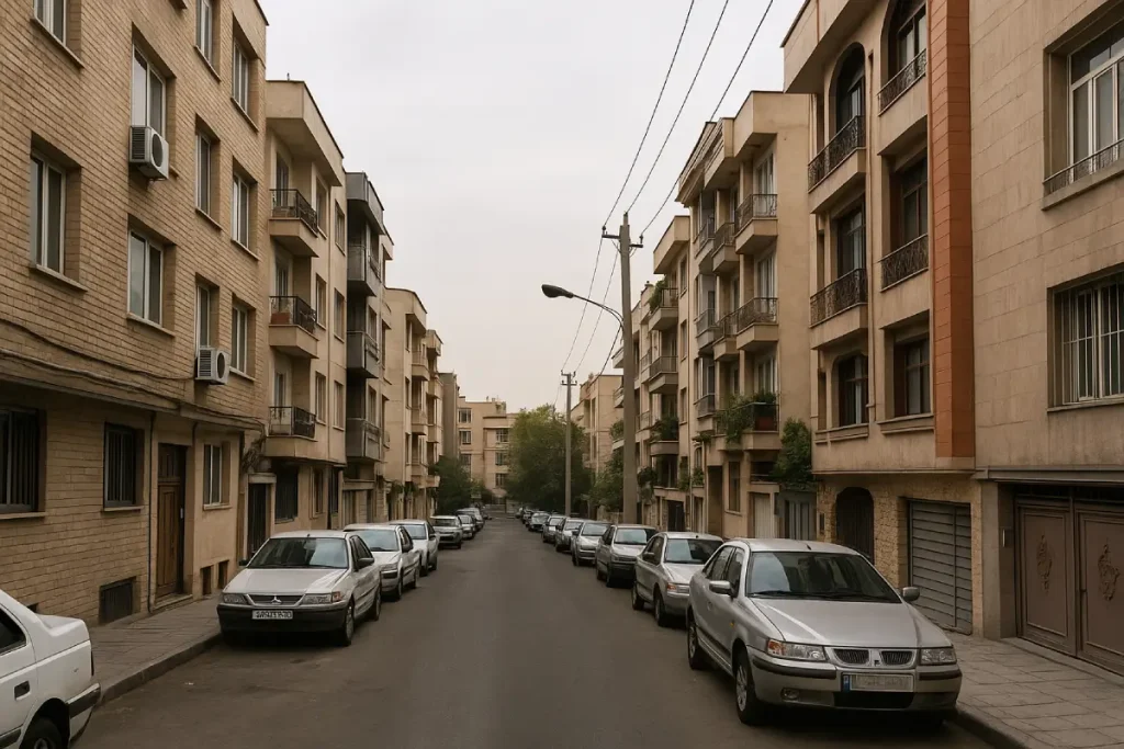 «نمای یک خیابان مسکونی در محله‌ای شهری با ساختمان‌های چندطبقه آجری و سیمانی در دو طرف، خودروهای پارک‌شده در حاشیه خیابان و آسمانی ابری در پس‌زمینه.»