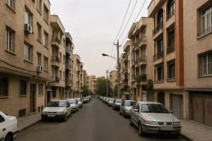 «نمای یک خیابان مسکونی در محلهای شهری با ساختمانهای چندطبقه آجری و سیمانی در دو طرف، خودروهای پارکشده در حاشیه خیابان و آسمانی ابری در پسزمینه.»