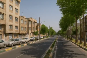 «نمایی از خیابانی خلوت و تمیز در محلهای مسکونی؛ ساختمانهای آجری در سمت چپ، درختان بلند در سمت راست و مسیر دوطرفه آسفالته در زیر آسمان صاف و آفتابی.»