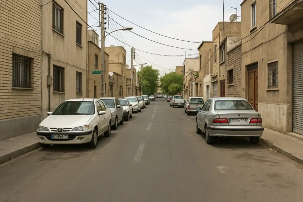 «کوچه‌ای مسکونی با ساختمان‌های قدیمی و آجری در دو طرف، خودروهای پارک‌شده در دو طرف خیابان و سیم‌های برق هوایی که از بالای کوچه عبور کرده‌اند؛ فضایی آرام و معمولی از یک محله قدیمی شهری.»