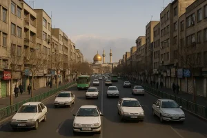 «نمایی از خیابان شوش تهران با ساختمانهای قدیمی دوطرف خیابان، تردد خودروهای سواری و اتوبوسهای سبز در مسیر رفتوبرگشت، درختان بدون برگ در پیادهروها و گنبد طلایی حرم حضرت عبدالعظیم در پسزمینه با کوههای برفی.»