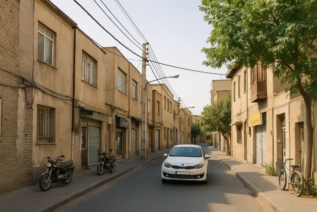 «نمایی از یک خیابان قدیمی و کم‌تردد در محله‌ای سنتی با ساختمان‌های کاه‌گلی و آجری، موتورسیکلت‌های پارک‌شده، یک خودرو در حال حرکت و درختانی که سایه‌ای ملایم روی پیاده‌رو ایجاد کرده‌اند.»**