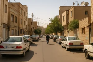 **«نمایی واقعی از یک کوچه مسکونی در محلهای جنوبی، با ساختمانهای آجری و خودروهای پارکشده در دو طرف خیابان و مردی که در میانه کوچه در حال قدمزدن است.»**