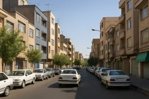 **«نمایی واقعی از یک خیابان مسکونی در کیانشهر شمالی با ساختمانهای چندطبقه آجری، خودروهای پارکشده در دو طرف خیابان و درختان کوچک شهری در روزی آفتابی»**