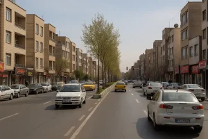 **«نمایی واقعی از خیابان اصلی محلهای شهری با ساختمانهای چندطبقه، درختان ردیفی در بلوار میانی و ترافیک خودروها در یک روز صاف و آفتابی»**