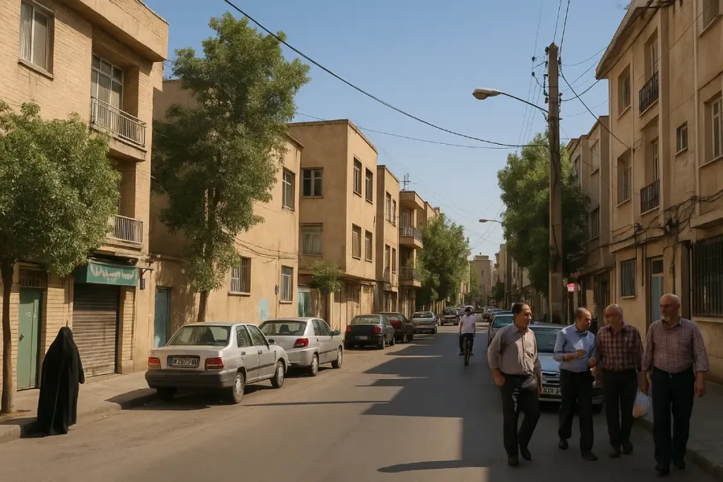 عکس خیابانی از محله‌ای قدیمی با ساختمان‌های آجری و گِلی چندطبقه، درختان کنار خیابان، چند خودروی پارک‌شده، عابران در حال قدم‌زدن و دوچرخه‌سواری، در یک روز آفتابی.