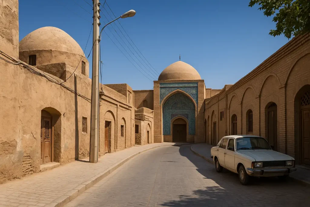 «نمایی واقعی از کوچه‌ای سنتی در محله‌ای تاریخی با ساختمان‌های خشتی، گنبدهای قدیمی، سردر مزین به کاشی‌کاری آبی و یک خودروی قدیمی پارک‌شده در کنار خیابان.»