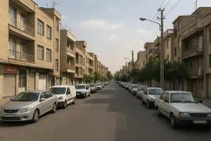 "نمایی واقعگرایانه از یکی از خیابانهای محله کیانشهر جنوبی با ساختمانهای چندطبقه، خودروهای پارکشده و فضای شهری آرام در یک روز آفتابی."