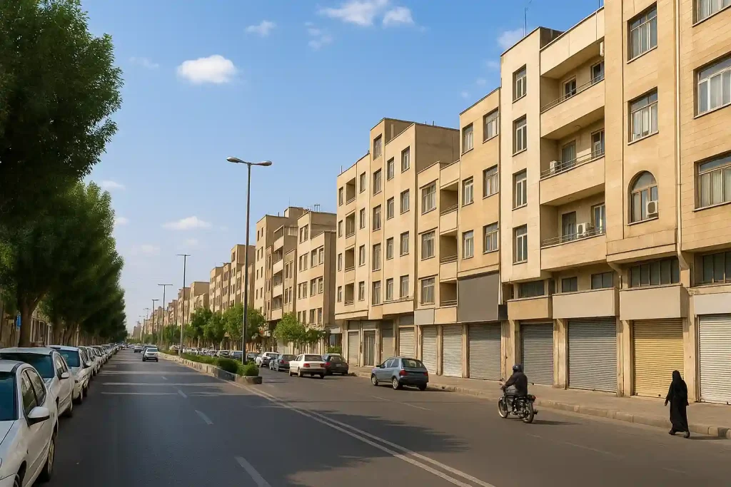 «نمایی واقعی از خیابان اصلی در افسریه جنوبی، با ساختمان‌های چندطبقه آجری در سمت راست، درب‌های کرکره‌ای بسته‌ی مغازه‌ها، درختان سبز در سمت چپ، خودروهای پارک‌شده و تردد سبک ماشین و موتور زیر آسمان آبی.»