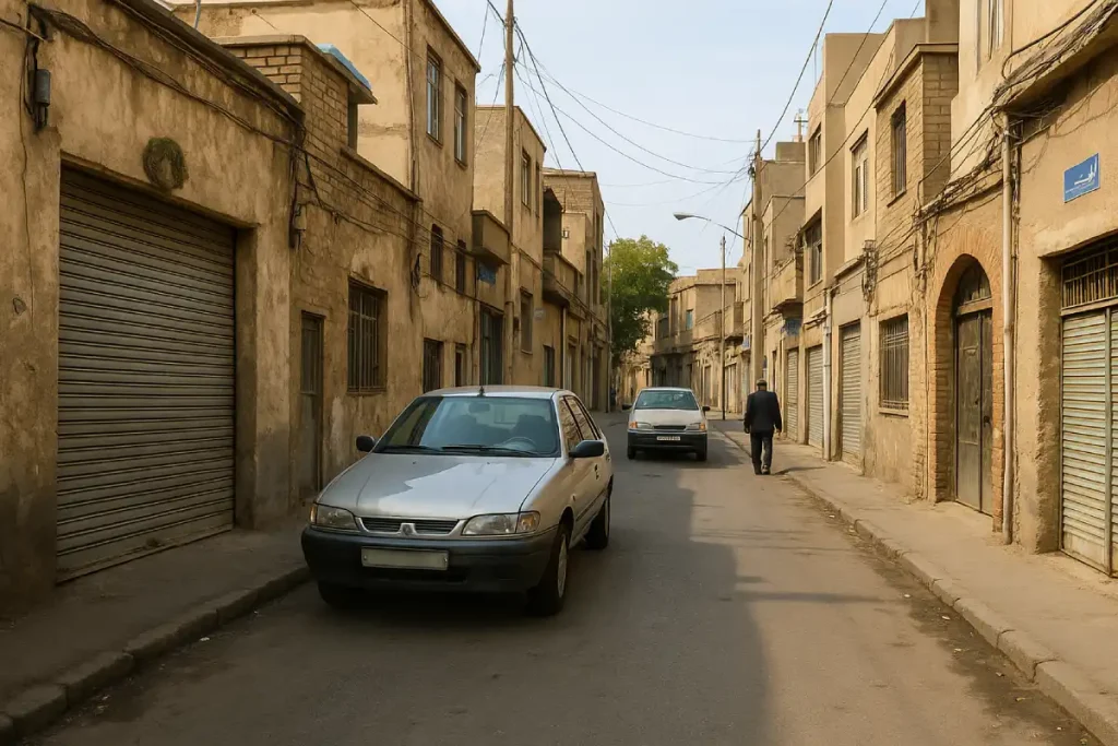 «نمایی از یک کوچه قدیمی با ساختمان‌های کاه‌گلی و کرکره‌های فلزی بسته، دو خودروی سواری پارک‌شده و مردی که در امتداد کوچه قدم می‌زند.»