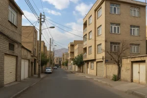 «نمایی از یک خیابان خلوت در محلهای مسکونی با ساختمانهای چندطبقه آجری، درختان پراکنده، خودروهای پارکشده و سیمهای برق هوایی در یک روز نیمهابری.»