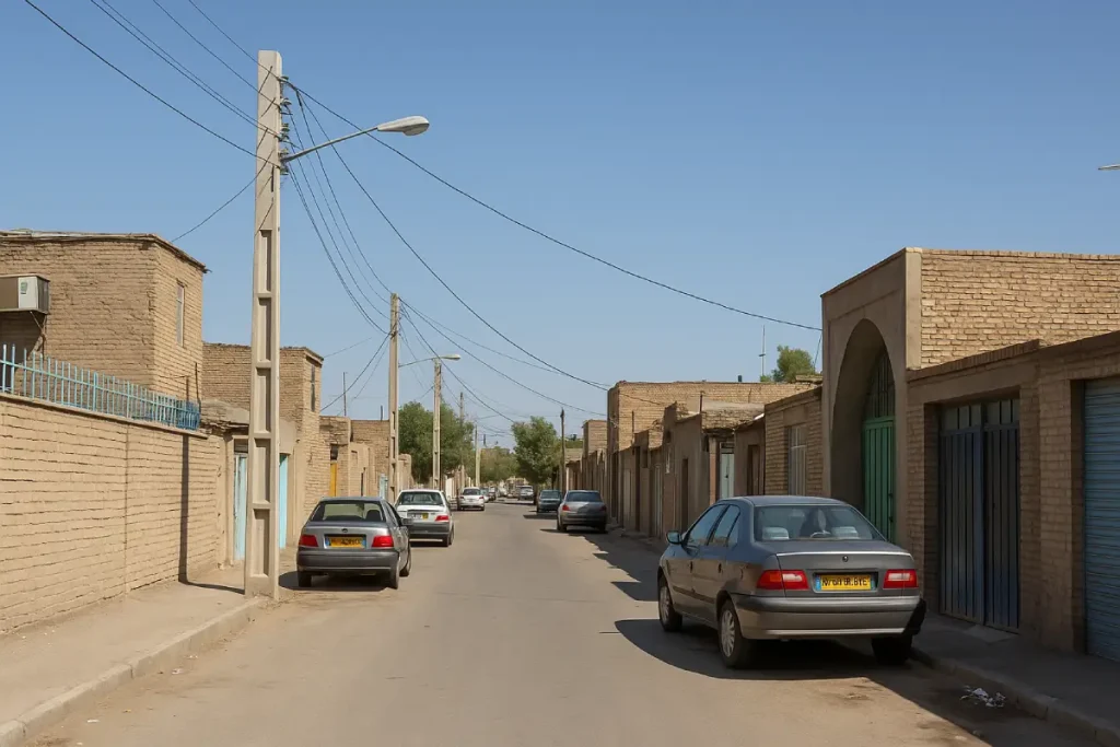 **«نمایی از یک خیابان آرام در محله‌ای سنتی با خانه‌های آجری، چند خودروی پارک‌شده در دو طرف خیابان، تیرهای برق و سیم‌های هوایی در زیر آسمان صاف و آبی.»**