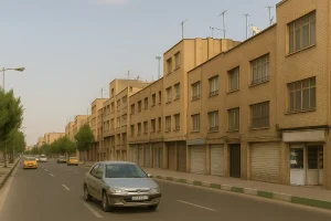 «نمایی از یک خیابان پهن و خلوت در محلهای شهری با ساختمانهای آجری چندطبقه، مغازههای بسته با کرکرههای فلزی، چند خودرو در حال حرکت و ردیفی از درختان در دو طرف خیابان.»