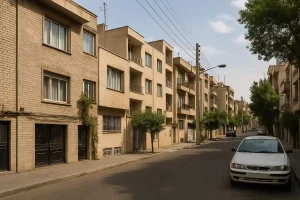 «نمایی از یک خیابان آرام در محلهای مسکونی با ساختمانهای چندطبقه آجری، درختان کوچک کنار پیادهرو و چند خودرو پارکشده در حاشیه خیابان»