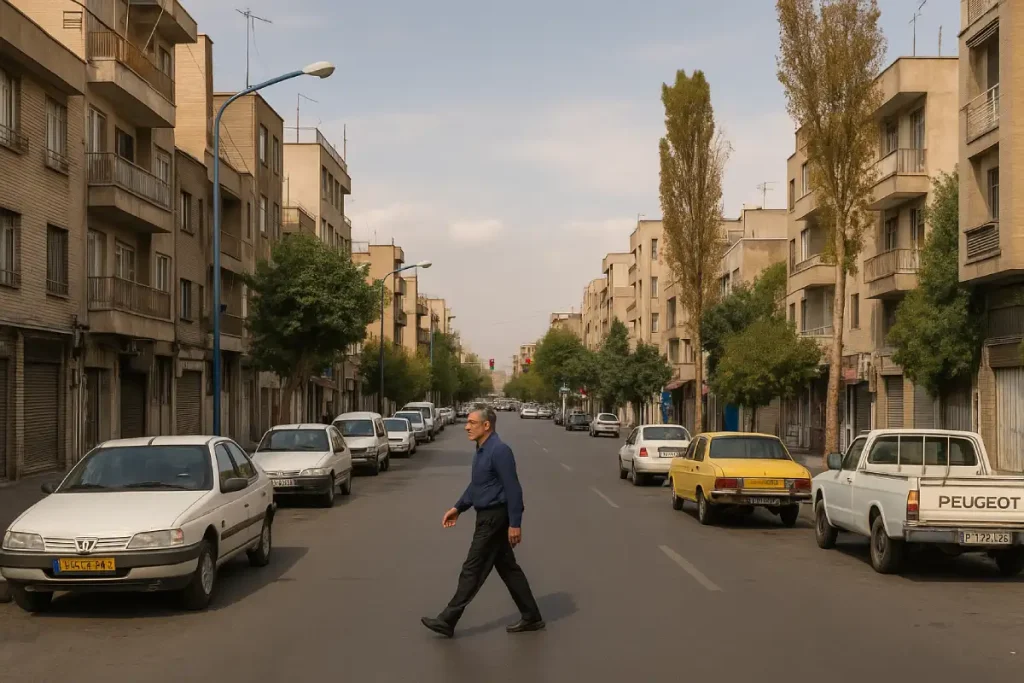 «نمای واقعی از یک خیابان در محله‌ای قدیمی، با ساختمان‌های چندطبقه آجری در دو طرف، خودروهای پارک‌شده کنار خیابان و مردی میانسال که از وسط خیابان عبور می‌کند، در هوای نیمه‌ابری.