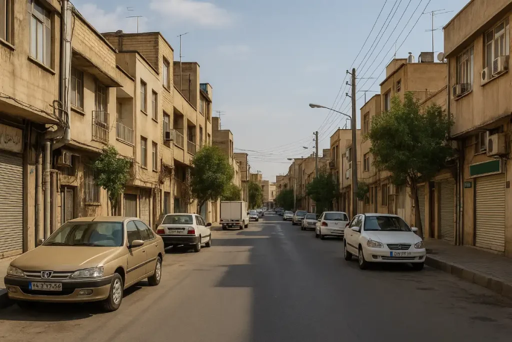 «نمایی از یک خیابان آرام در محله زمزم با ساختمان‌های چندطبقه آجری در دو طرف، درخت‌های منظم کنار پیاده‌رو، و خودروهای پارک‌شده در امتداد خیابان در یک بعدازظهر آفتابی.»