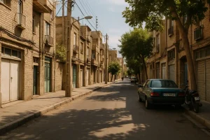 «نمایی از یک کوچه قدیمی در محلهای مسکونی با ساختمانهای آجری، درختان کنار خیابان و چند خودرو پارکشده در حاشیه، در یک روز آفتابی.»