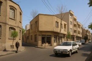 «نمایی واقعی از یک کوچه قدیمی در محلهای شهری با ساختمانهای آجری، چند خودرو در حال عبور، مردی سالخورده در حال قدمزدن کنار پیادهرو و آسمان صاف آبی.»