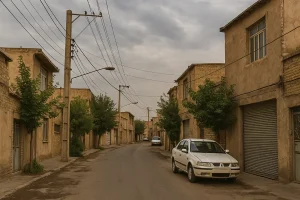 «نمایی از یک خیابان قدیمی و آرام در محلهای سنتی در مشهد، با خانههای آجری و گلی، درختان کنار کوچه، خودروهای پارکشده و سیمهای برق که در آسمان ابری امتداد یافتهاند.»