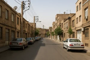 «نمایی واقعی از یک کوچه مسکونی در محلهای قدیمی با ساختمانهای آجری، خودروهای پارکشده در دو طرف خیابان و سیمهای برق هوایی در زیر نور روز»
