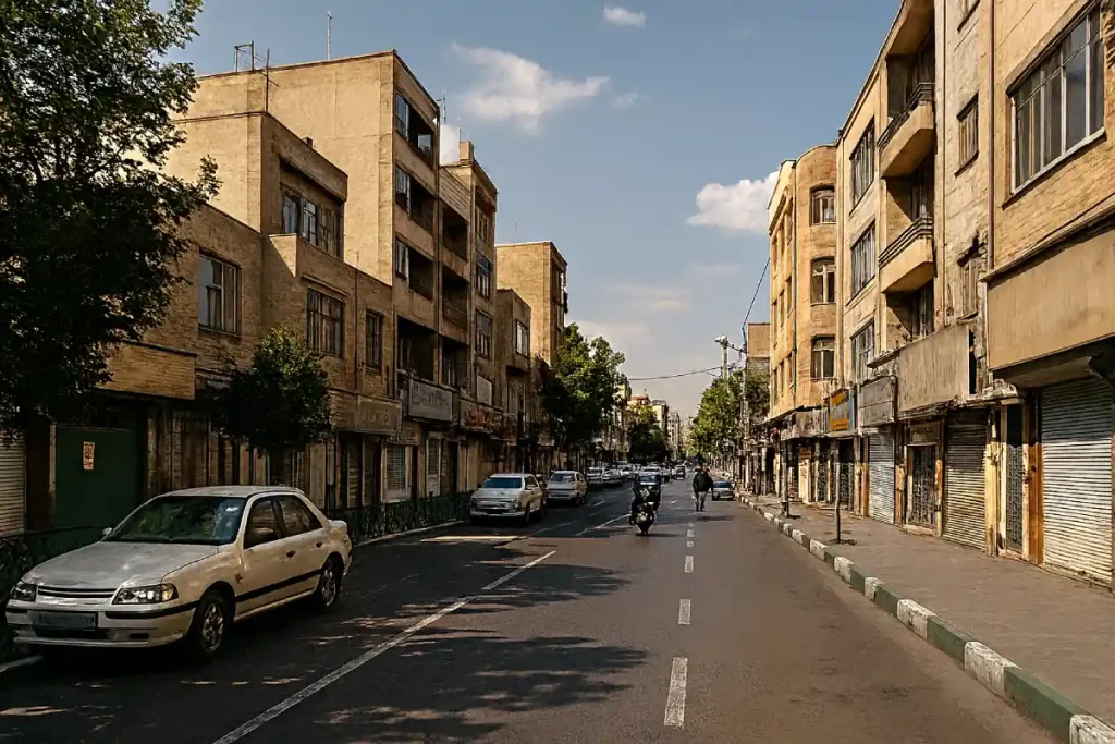 **«خیابانی خلوت در بافت قدیمی تهران با ساختمان‌های چندطبقه آجری، مغازه‌های بسته با کرکره‌های فلزی، چند خودرو پارک‌شده کنار خیابان و موتورسواری که در مسیر حرکت می‌کند.»**