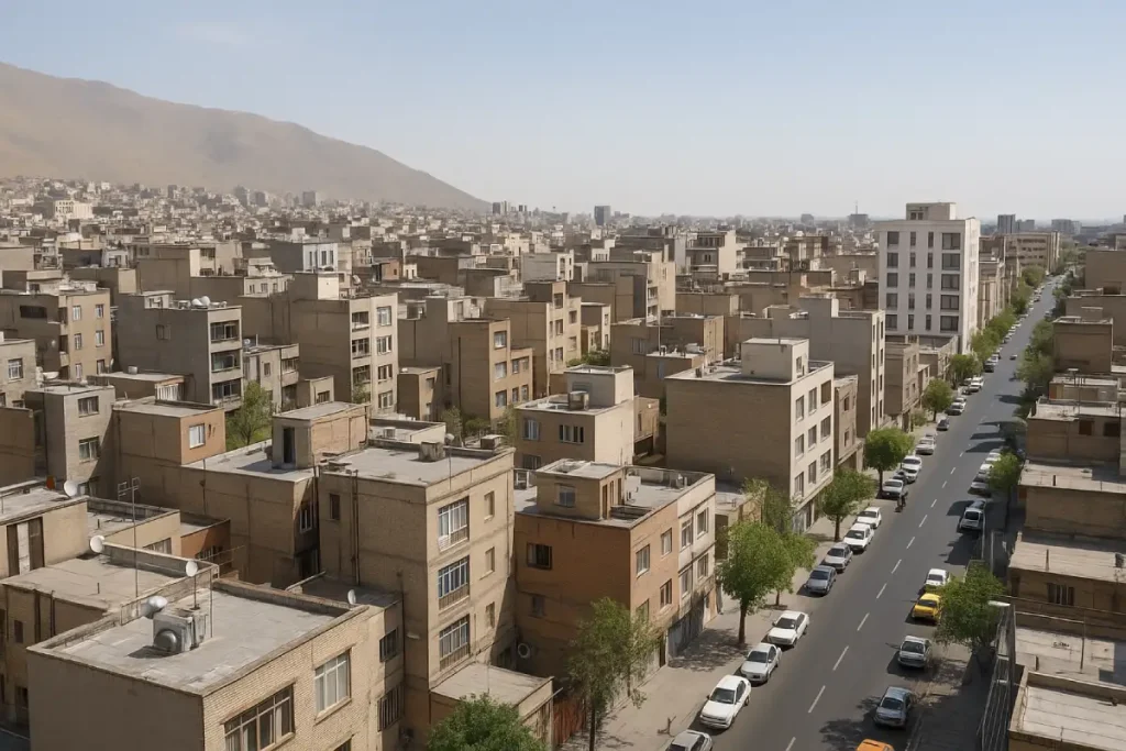 «نمایی هوایی از محله‌ای مسکونی در تهران با ساختمان‌های آجری چندطبقه، خیابان‌های منظم، خودروهای پارک‌شده در کنار خیابان و کوهستان‌های پس‌زمینه در روزی صاف.