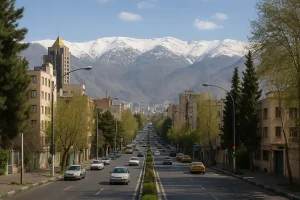 «نمایی از خیابان ولیعصرِ شمالی تهران با ساختمانهای مسکونی دوطرف، درختان سبز، ترافیک آرام و کوههای البرز پوشیده از برف در پسزمینه.»
