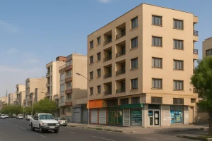 «نمایی از یک خیابان در محلهای شهری با ساختمانهای چندطبقه آجری، مغازههای بسته در طبقه همکف و خودروهایی که در خیابان در حال رفتوآمد هستند.»