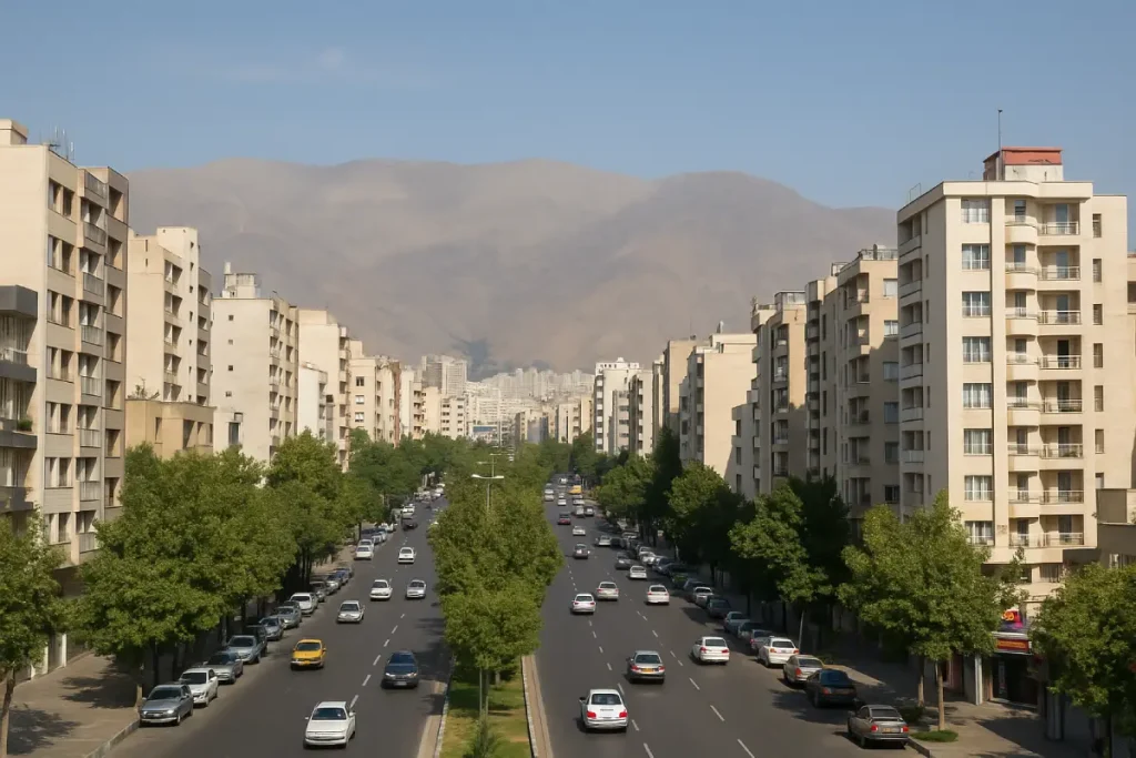 «نمایی از خیابان عریض و پررفت‌وآمد در شمال‌شرق تهران، با ساختمان‌های بلند مسکونی در دو طرف و کوه‌های البرز در پس‌زمینه، در یک روز صاف و آفتابی.»