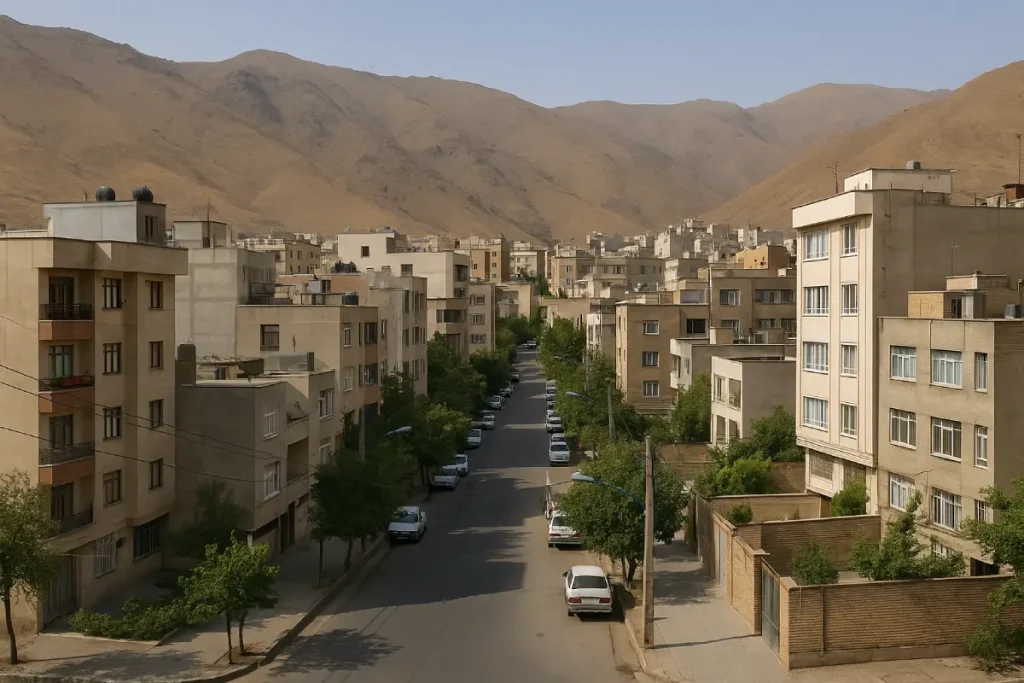 «نمایی از خیابان‌های محله‌ای مسکونی در غرب تهران با ساختمان‌های چندطبقه، درختان کنار خیابان و کوه‌های خشک و بلند در پس‌زمینه»