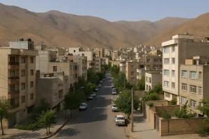 «نمایی از خیابانهای محلهای مسکونی در غرب تهران با ساختمانهای چندطبقه، درختان کنار خیابان و کوههای خشک و بلند در پسزمینه»