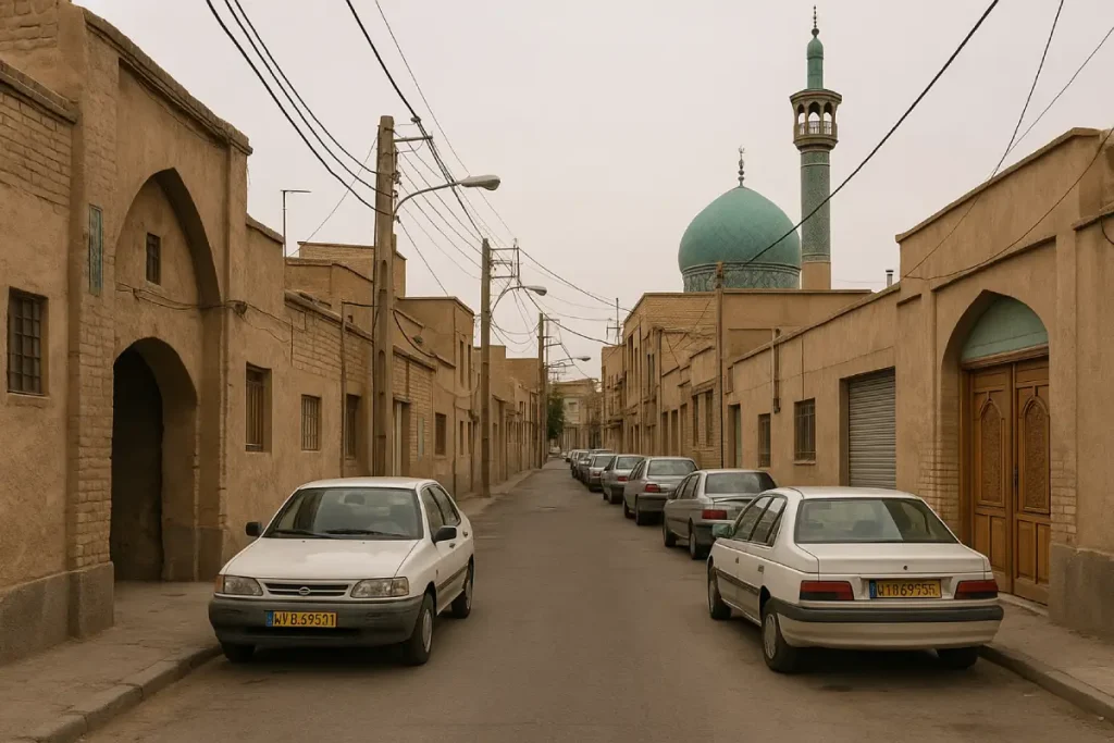 «نمایی واقعی از یک کوچه سنتی در محله‌ای قدیمی با ساختمان‌های خشتی، خودروهای پارک‌شده در دو طرف خیابان و گنبد و مناره‌ی فیروزه‌ای مسجد در پس‌زمینه.»