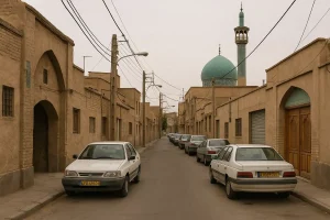 «نمایی واقعی از یک کوچه سنتی در محلهای قدیمی با ساختمانهای خشتی، خودروهای پارکشده در دو طرف خیابان و گنبد و منارهی فیروزهای مسجد در پسزمینه.»