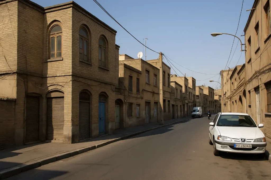 «نمایی واقعی از یک خیابان قدیمی در محله‌ای سنتی در تهران، با ساختمان‌های آجری فرسوده، درهای فلزی قدیمی، سیم‌های برق هوایی، چند خودرو پارک‌شده و نور آفتاب ملایم که فضای نوستالژیک و ساکت محله را نشان می‌دهد.
