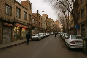 «نمایی واقعی از یکی از خیابانهای محله بیسیم با ساختمانهای آجری قدیمی، مغازههای محلی، خودروهای پارکشده در دو طرف خیابان و چند عابر که در هوای ابری در حال حرکت هستند.»