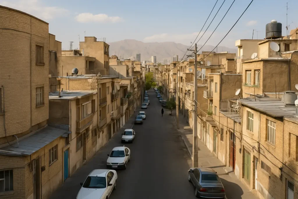 «نمای هوایی از یک خیابان باریک در محله‌ای قدیمی با ساختمان‌های آجری کم‌ارتفاع، خودروهای پارک‌شده در دو طرف خیابان و کوه‌های بلند در پس‌زمینه.»