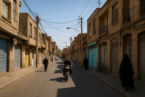 «نمایی از یک کوچه قدیمی در محلهای با بافت فرسوده، ساختمانهای آجری و درهای فلزی قدیمی، یک موتورسوار در حال حرکت در مرکز خیابان و چند عابر پیاده در دو طرف کوچه، زیر نور آفتاب و آسمان صاف.»