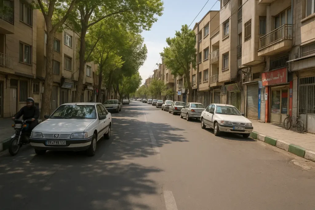 «نمایی از یکی از خیابان‌های محله نازی‌آباد تهران با درختان قدیمی دو طرف خیابان، ساختمان‌های مسکونی قدیمی، خودروهای پارک‌شده و یک موتورسوار در حال عبور در روزی آفتابی.»